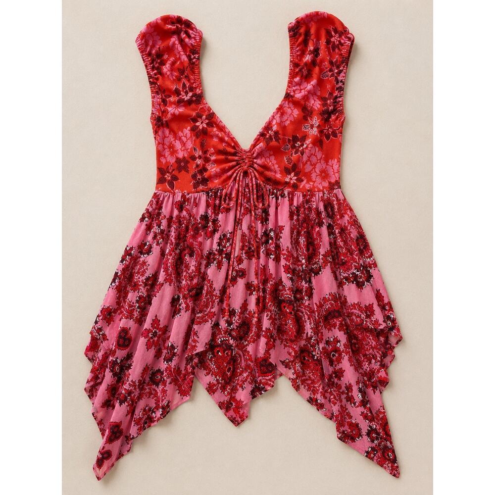 Free People Floral Paisley Handkerchief Hem Smocked Back Top M Summer Boho Chic
